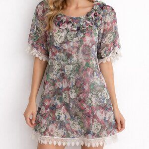 Imperial Sheer Floral Ruffle-Neck Blouse in Multicolor Made in Italy